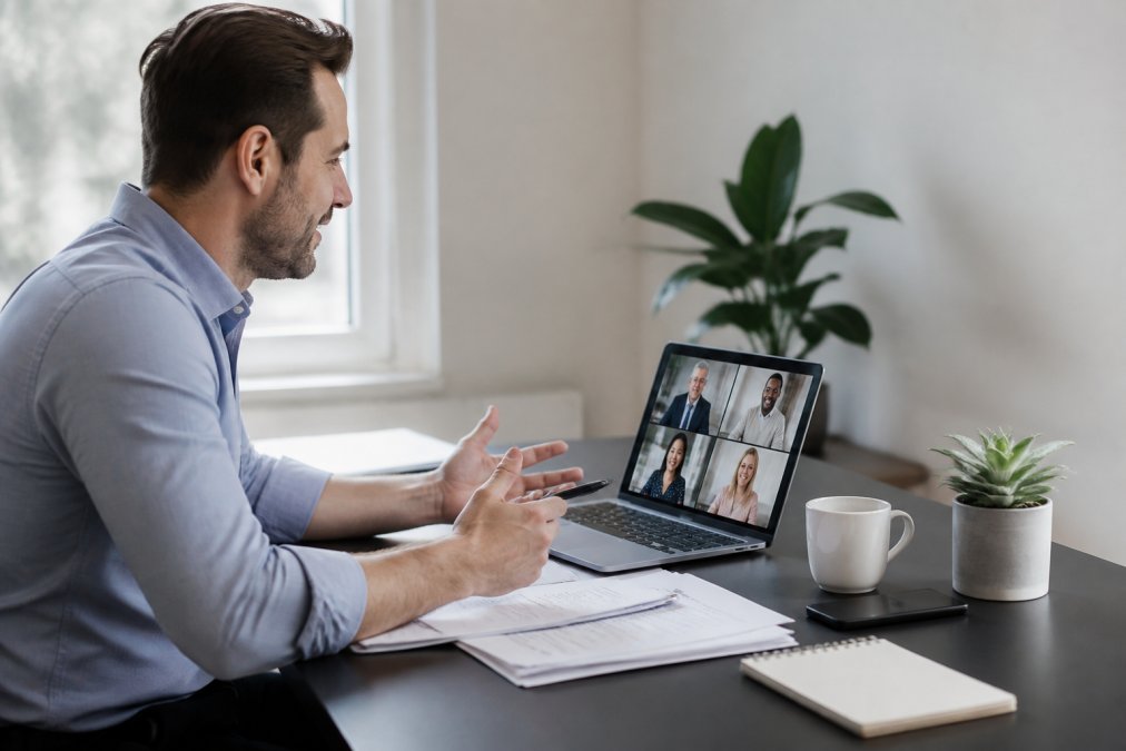 Unternehmer plant seine US Firmengründung Kosten per Videokonferenz an einem modernen Schreibtisch mit Laptop.