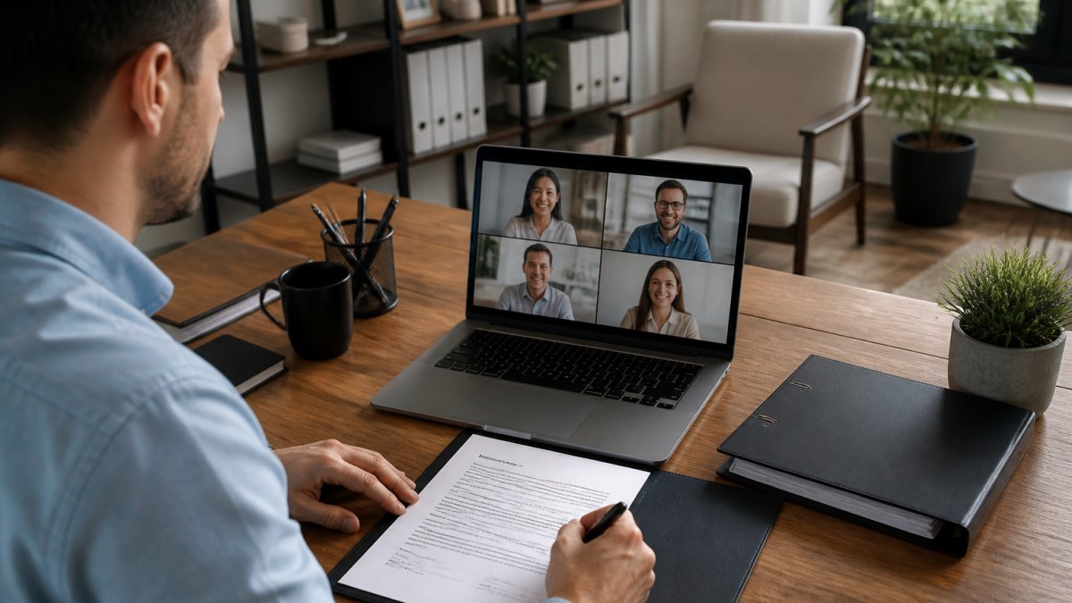 Ein Schreibtisch mit einem unterschriebenen Auflösungsbeschluss, Stift und einem Laptop, auf dem ein Videocall mit Geschäftspartnern läuft, in einem ruhigen Homeoffice