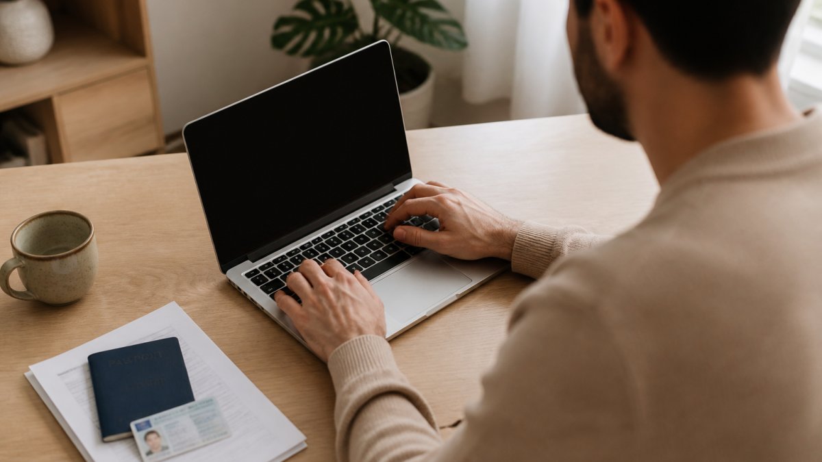 Eine Person an einem Laptop mit Online-Banking-Oberfläche, daneben ein Reisepass und Unterlagen für die Identitätsprüfung auf einem hellen Schreibtisch