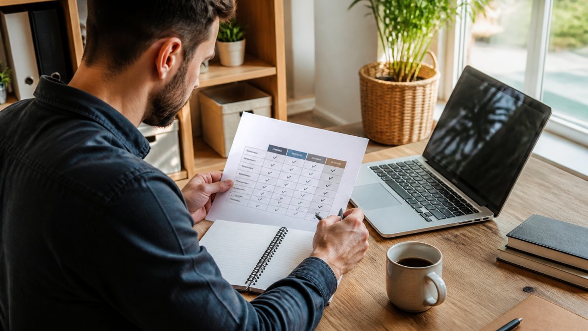 A person sitting at a tidy desk with a laptop, reviewing a comparison of service options on screen, notepad and coffee cup nearby, bright home office setting