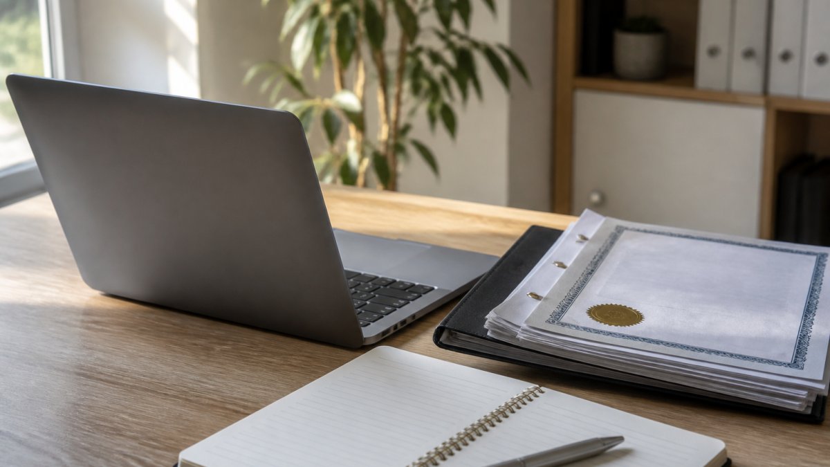 Nahaufnahme eines Laptops auf einem hellen Holzschreibtisch, auf dem Bildschirm ein Online-Banking-Dashboard mit mehreren Währungssymbolen, daneben gestapelte LLC-Dokumente und ein offenes Notizbuch, weiches Tageslicht von links