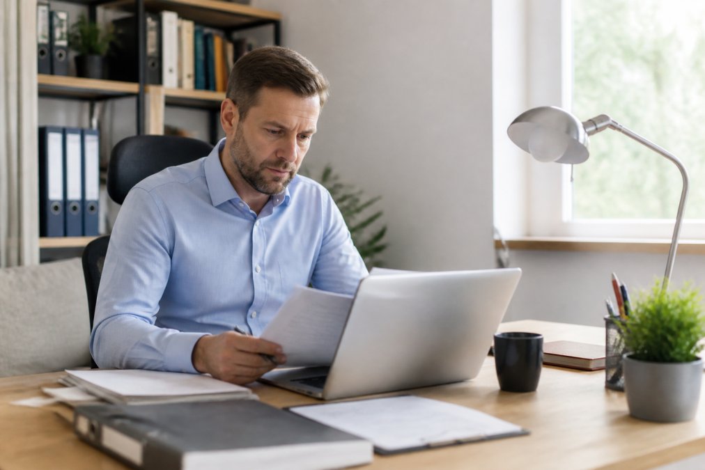 Ein Unternehmer sitzt an einem Schreibtisch in einem Home-Office in Deutschland und prüft Unterlagen, während auf dem Laptop eine Videokonferenz mit einem US-Geschäftspartner läuft