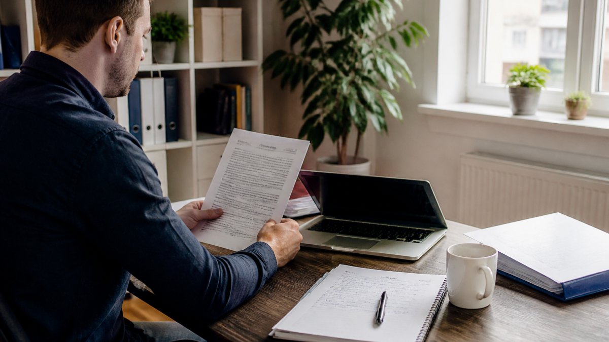 Eine Person am Schreibtisch mit Laptop, auf dem Gründungsdokumente einer US-LLC zu sehen sind, daneben ein Notizbuch und Kaffee, in einem hellen Homeoffice mit Blick auf Unterlagen zur Unternehmensgründung