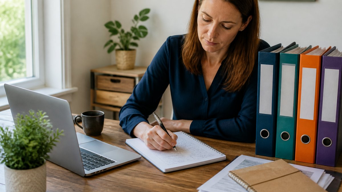 Unternehmerin am Schreibtisch mit Laptop, daneben mehrere beschriftete Ordner für getrennte Geschäftsbereiche und ein Notizbuch mit Strukturskizze, Tageslicht im Homeoffice